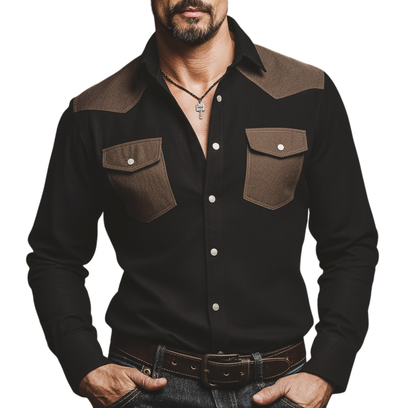 Men's Vintage Classic Color-block Cotton Blend Long-sleeved Shirt MTA2668L3U