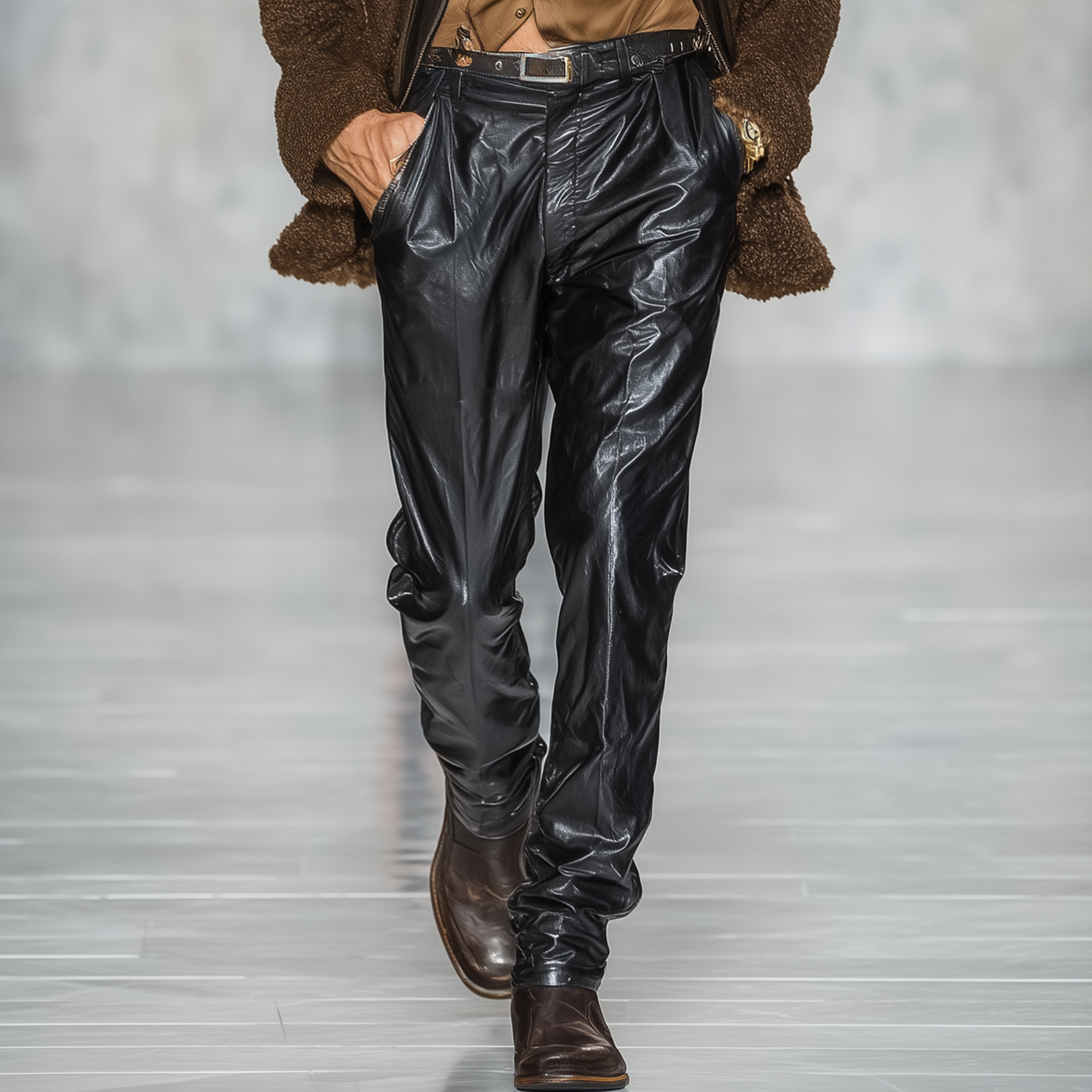 Men's Fashionable Casual Black PU Leather Pants MTA0401K6K