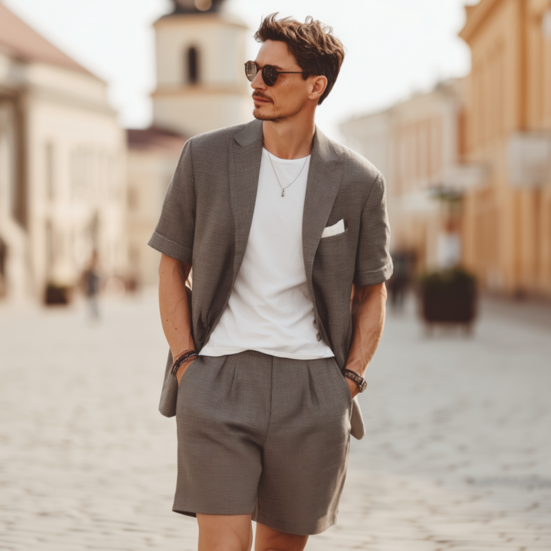 Men's Casual Textured Cotton Blended Notch Lapel Short-sleeved Blazer Suit Shorts Set (T-Shirt Excluded) MTA1841F8M