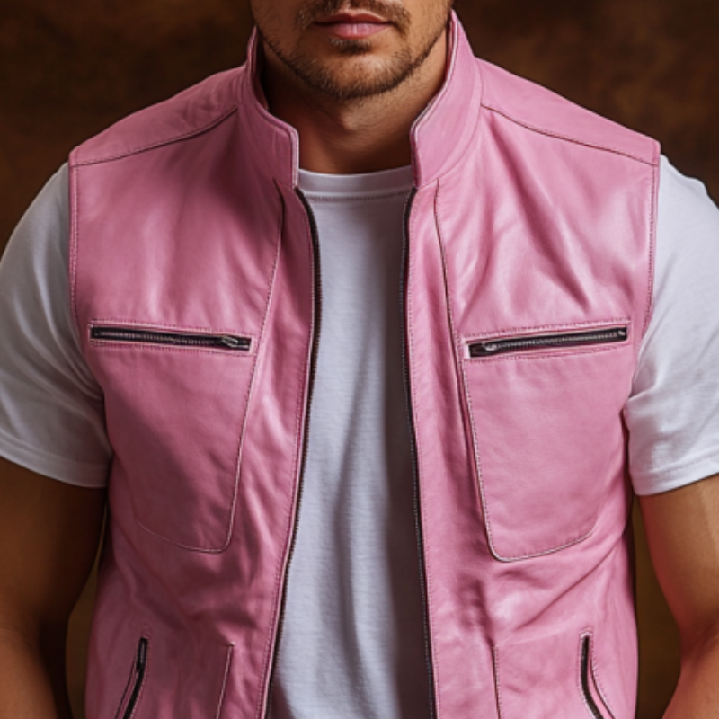 Men's Stylish Casual Stand Collar Multi-pocket Leather Vest 03152106K