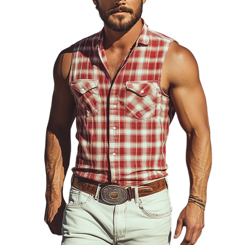 Men's Summer Casual Retro Western Cowboy Plaid Cotton and Linen Sleeveless Shirt MTA2865D7K