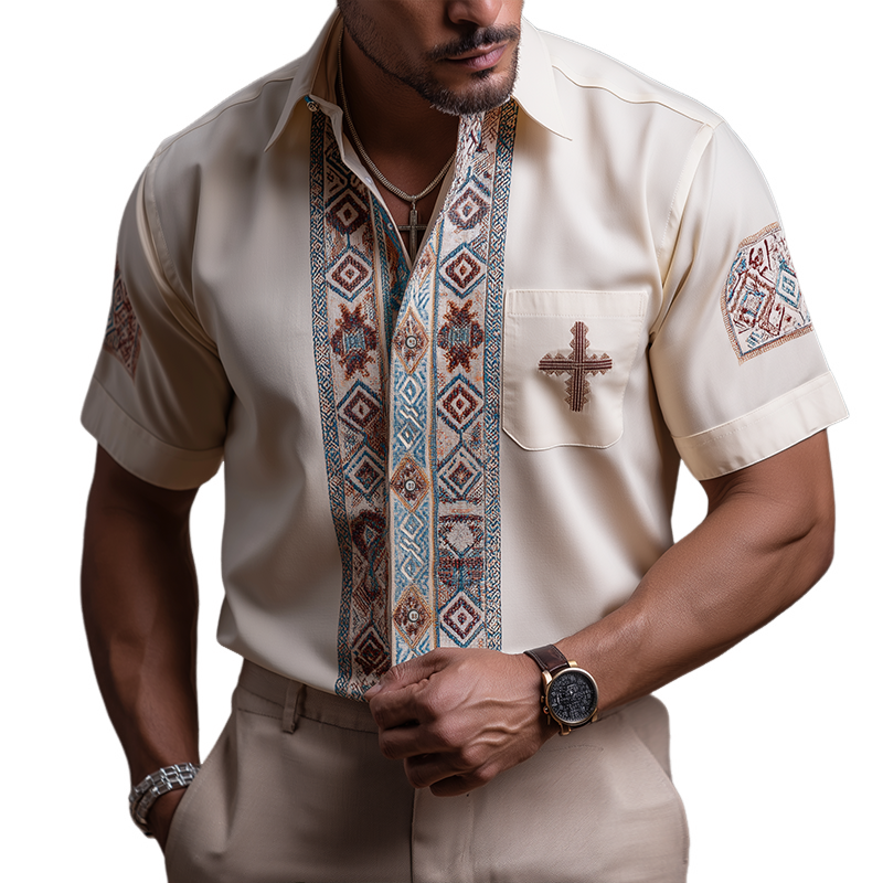 Men's Retro Casual Ethnic Style Geometric Print Lapel Short Sleeve Shirt MTA3111G0TO