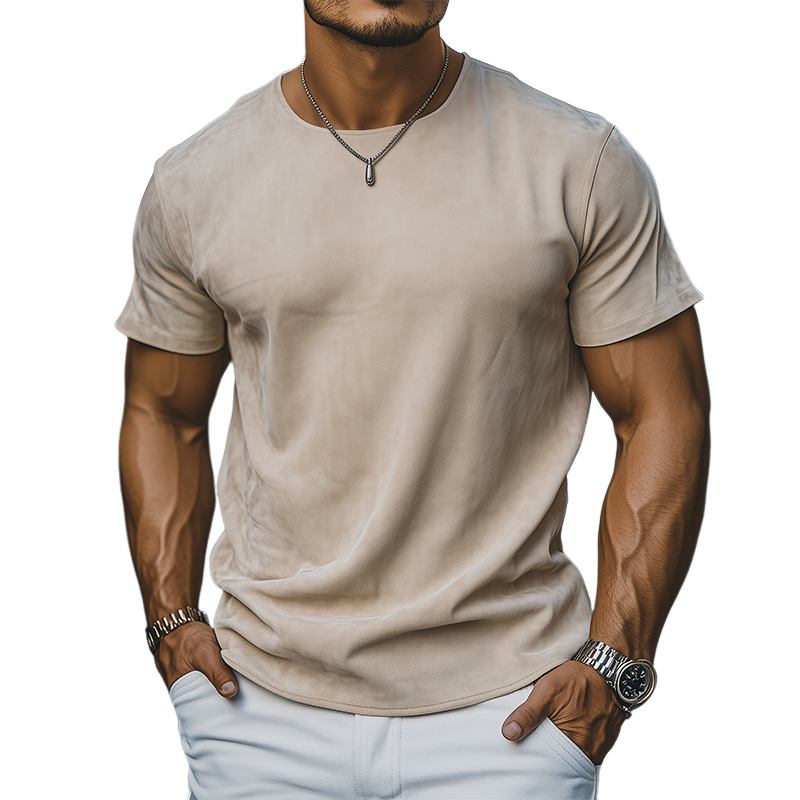 Men's Spring And Summer Casual Thin Suede Round Neck Short Sleeve T-Shirt MTA0165G7K