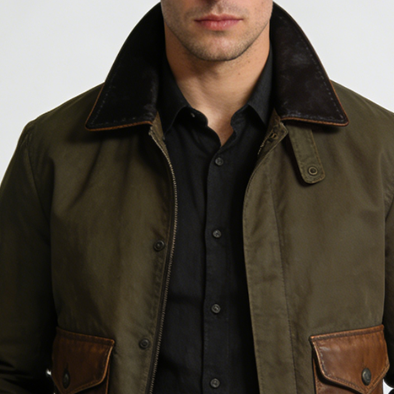 Men's Retro Casual Cotton PU Patchwork Zipper Lapel Jacket MTA1597L8TO