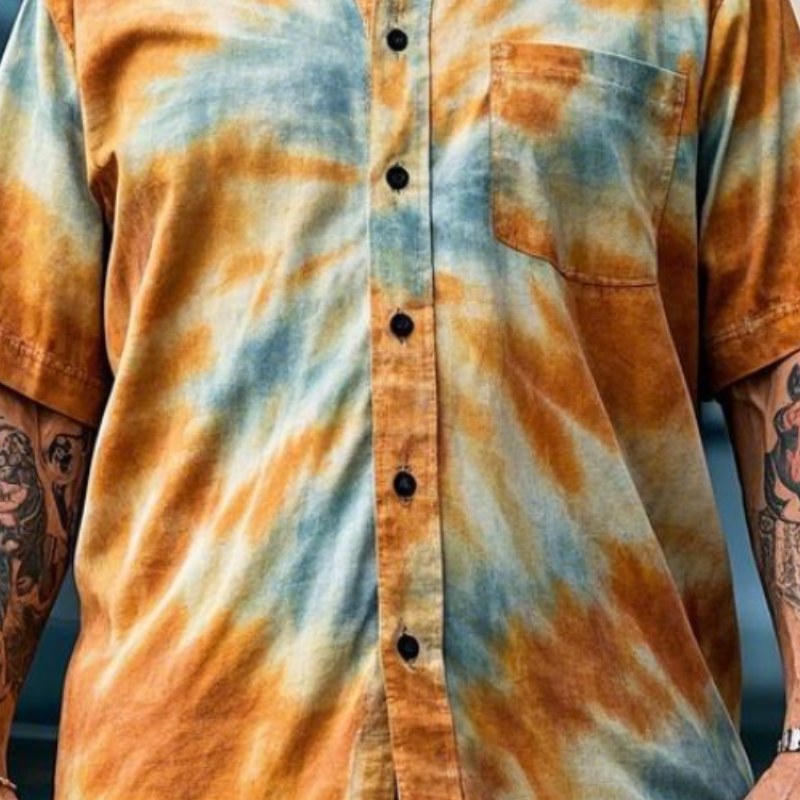 Men's Casual Fashion Round Neck Tie-dye Printed Cotton Blend Short-sleeved Shirt 34850474F