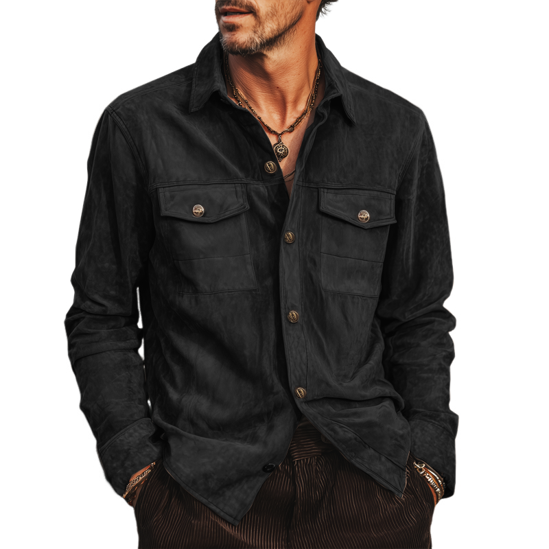 Men's Spring And Autumn Retro Black Suede Long Sleeve Shirt MTA1339H3U