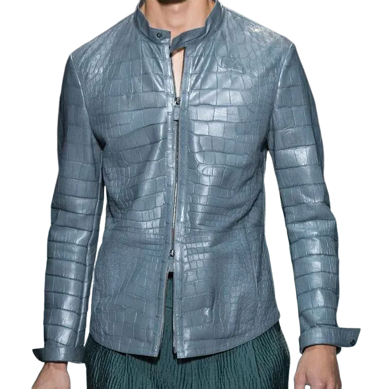 Men's Fashion Casual Stand Collar Zipper Textured Leather Jacket 90562269K