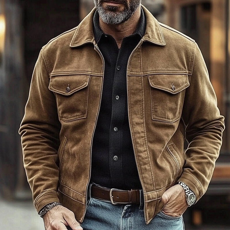 Men's Vintage Solid Color Western Cowboy Style Faux Suede Lapel Zipper Jacket MTA1143J4X
