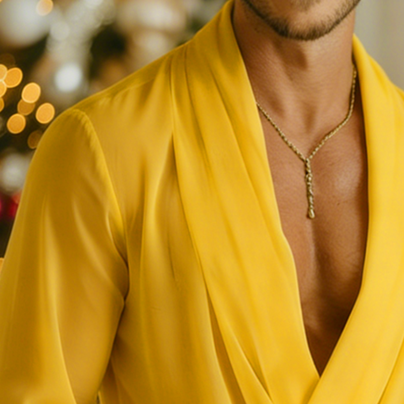 Men's Retro Casual Solid Color Chiffon V-Neck Pullover Long-Sleeve Shirt MTZ2243A0TO