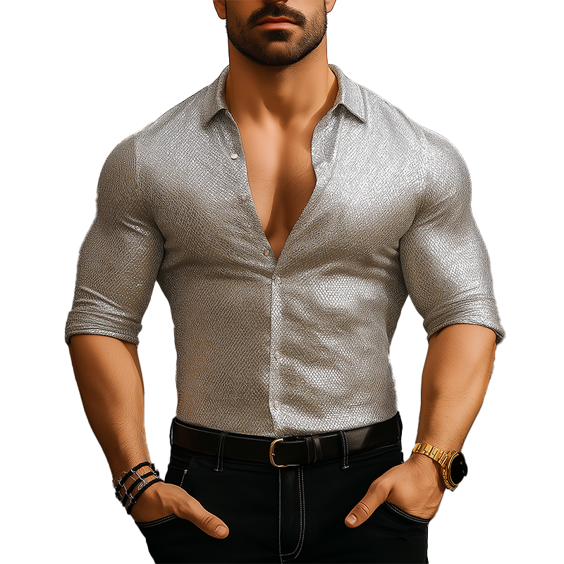 Men's Summer Fashion Textured Fabric Long Sleeve Shirt MTA0536F9P