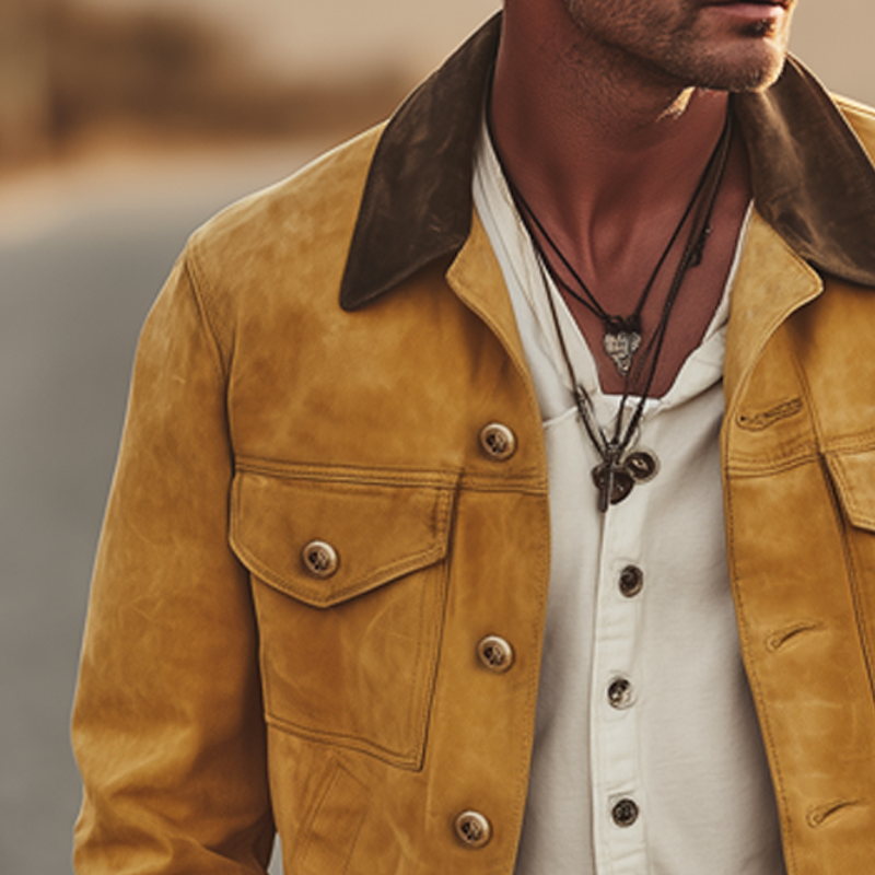 Men's Vintage Suede Colorblock Collar Button Jacket MTA1249H5U
