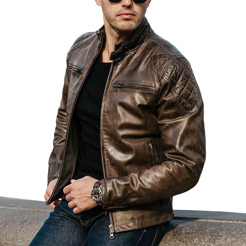 Men's Vintage Brown Stand Collar Shiny PU Leather Jacket MTA1708J2U