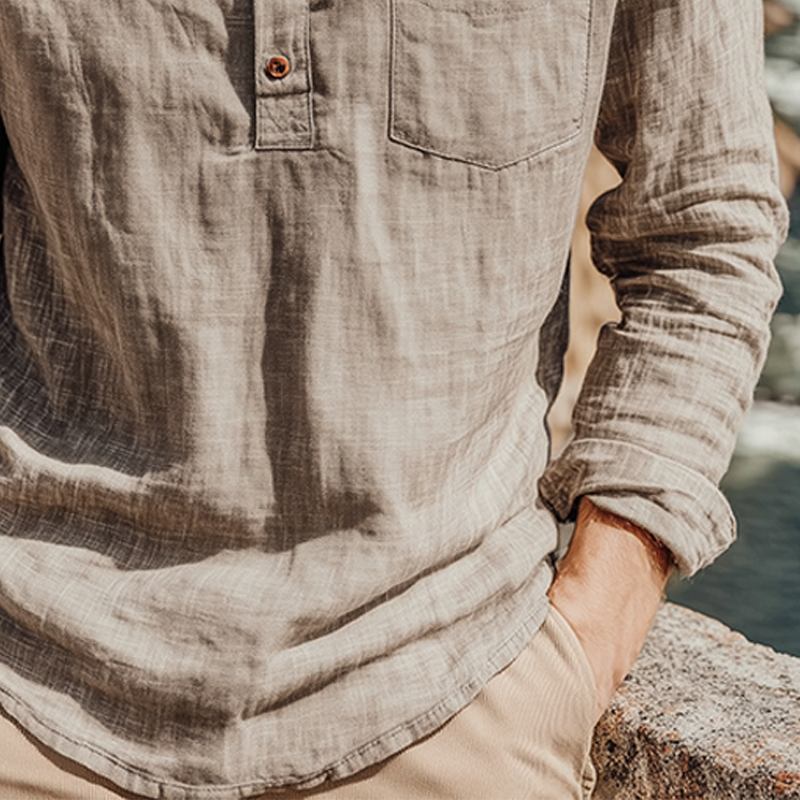 Men's Spring And Summer Classic Casual Henley Collar Cotton And Linen Loose Long Sleeve T-Shirt MTA1127G0K
