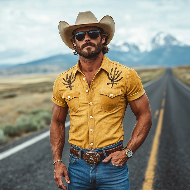 Men's Spring And Summer Fashion Western Tough Style Thin Suede Shoulder Embroidery Slim Short-sleeved Pearl Snap Shirt  MTA1215F7K