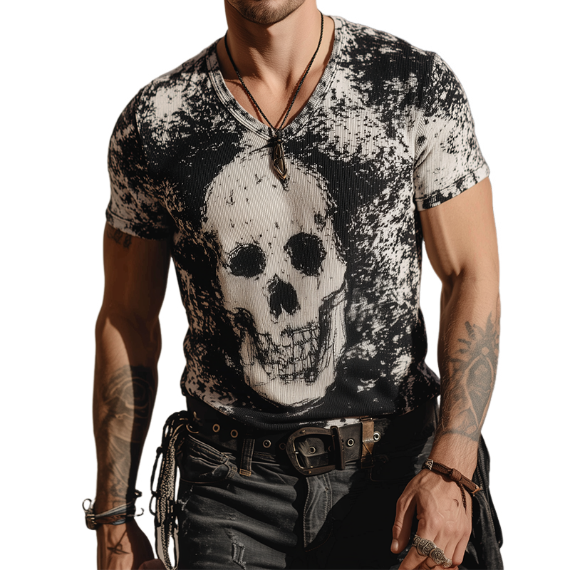 Men's Retro Casual Skull Print Round Neck Short Sleeve T-Shirt MTA1039G0TO