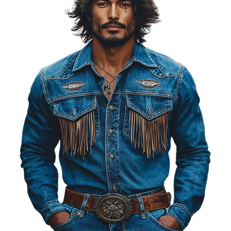 Retro Western Cowboy Broderi Dusk Denim Langermet skjorte for menn 31891772U