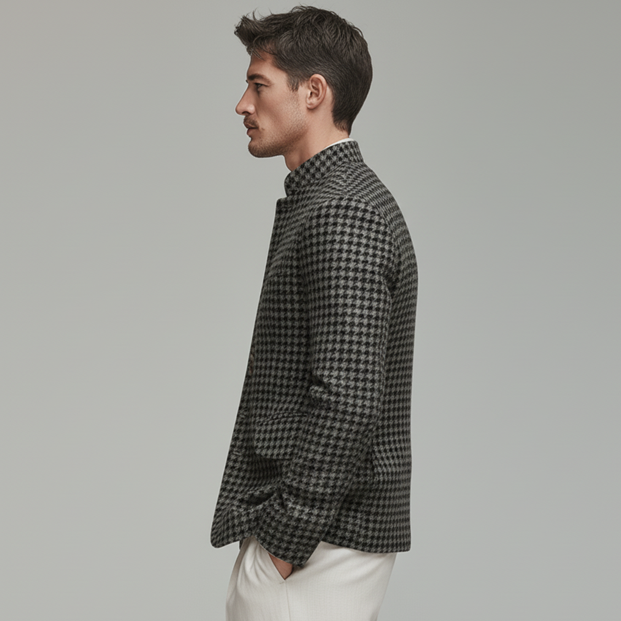 Men's Classic Retro Stand Collar Faux Houndstooth Wool Slim Fit Single-breasted Jacket MTA1187J8K