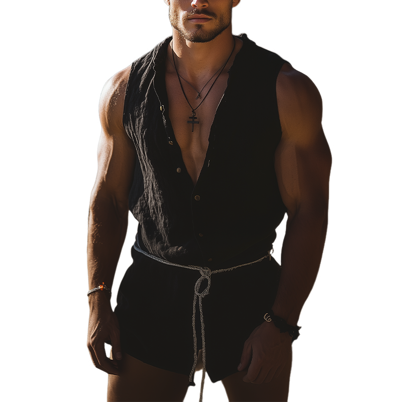 Men's Summer Fashion Leisure Vacation Sexy Deep V Neck Cotton And Linen Jumpsuit (Without Belt) MTA2698E5K