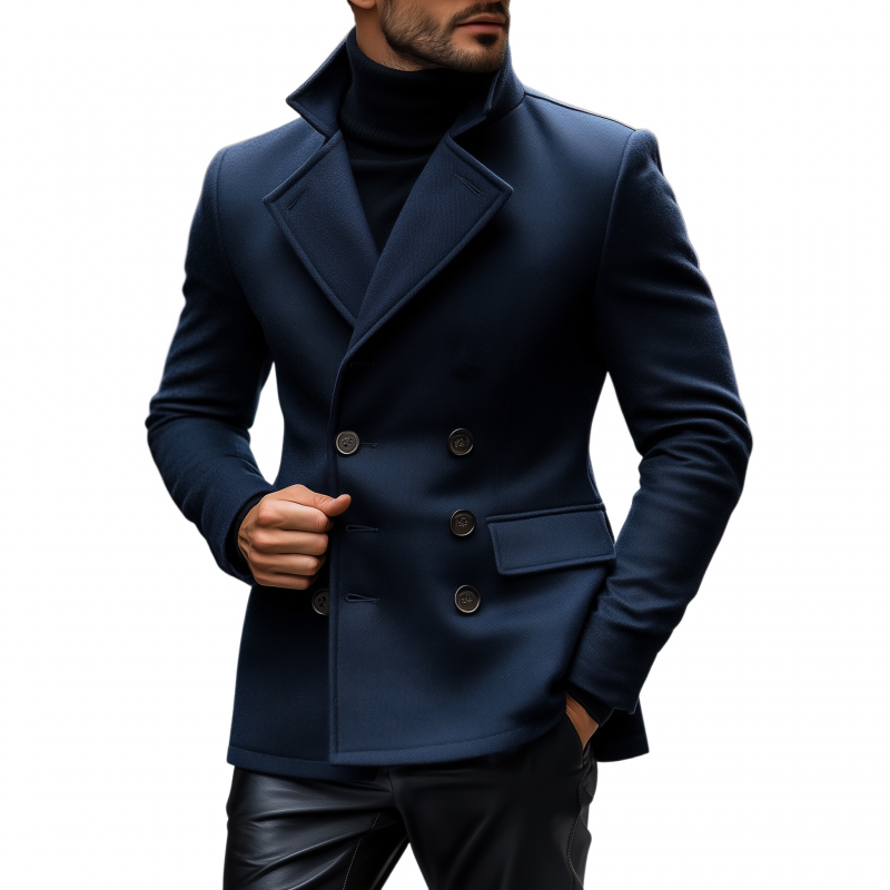 Men's Vintage Solid Color Wool Blend Notch Lapel Double-breasted Slim Fit Peacoat MTA1459H4M
