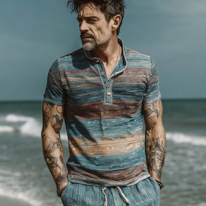 Men's Stripe Print Lapel Short Sleeve T-Shirt MTA2714F0X