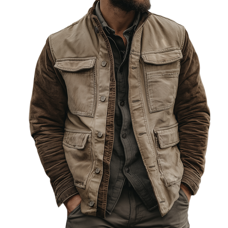 Men's Retro Casual Western Style Colorblock Cotton Washed Distressed Lapel Jacket MTA2814H0TO