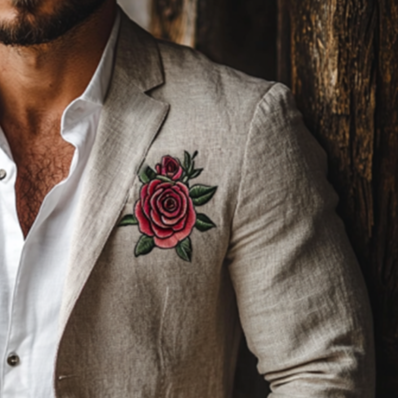 Men's Casual Rose Embroidery Single Breasted Linen Blazer 92995768K