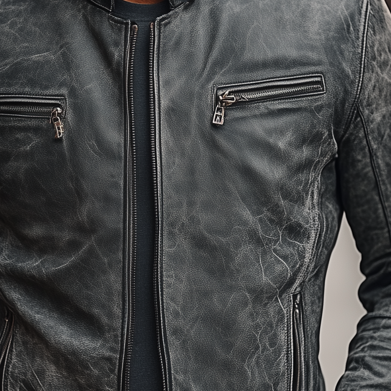Men's Vintage Distressed PU Zipper Stand Collar Jacket MTA2902H4X