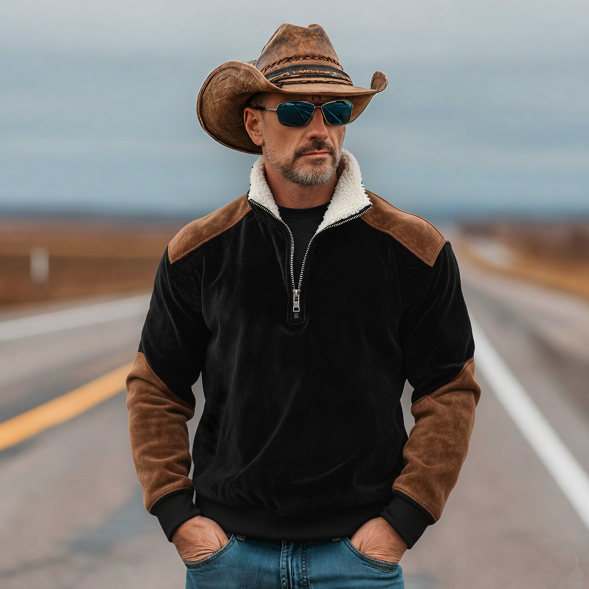 Men's Classic Vintage Western-style Stand-collar Faux Velvet Sweatshirt MTA0836L3K