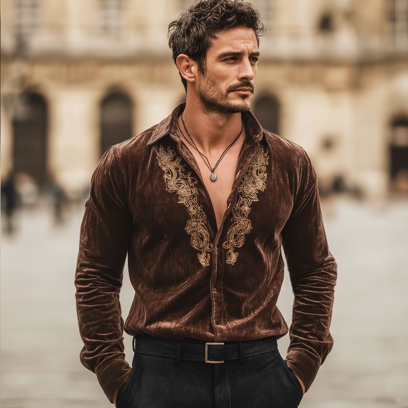 Men's Retro Velvet Exquisite Embroidered Long-Sleeved Shirt MTA2691L2U