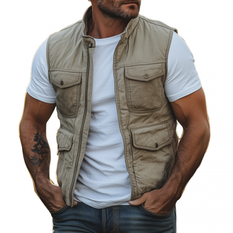 Men's Casual Outdoor Washed Cotton Stand Collar Zipper Placket Multi-pocket Work Vest MTA2119G4M