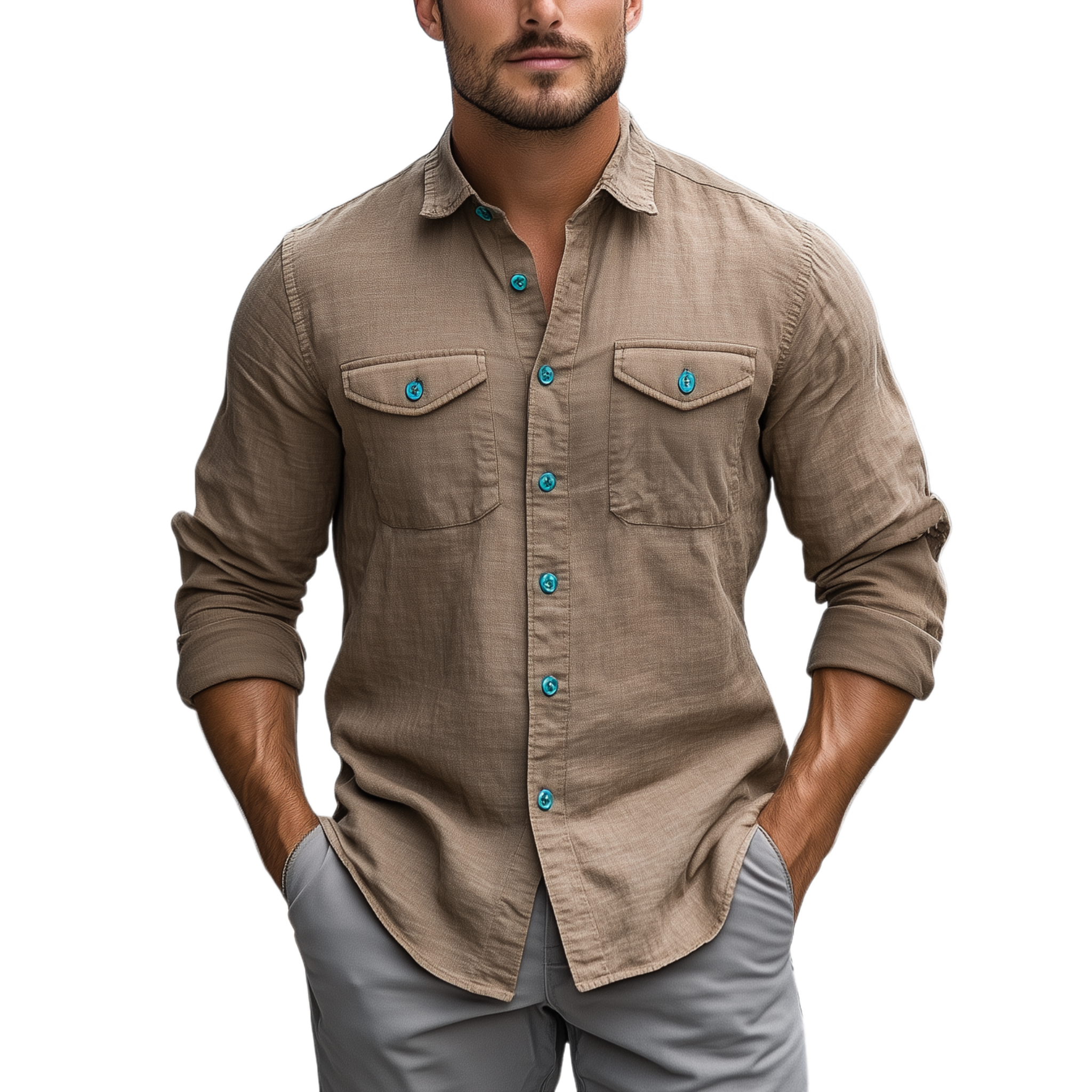 Men's Classic Casual Lapel Cotton And Linen Contrast Button Long Sleeve Shirt MTA2261G9K