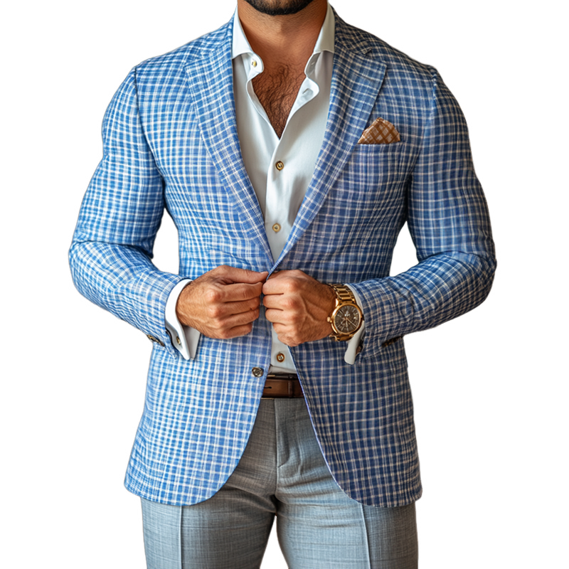 Men's Fashion Spring Summer Checked Notch Lapel Two Buttons Blazer 49679215Z