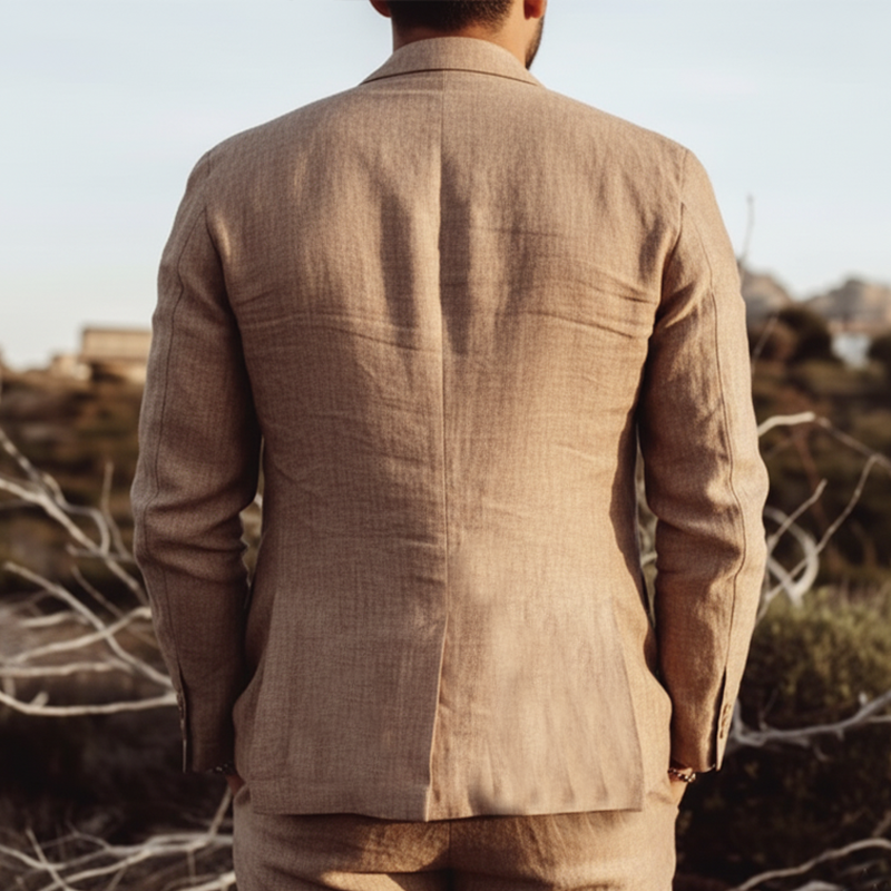 Men's Classic Urban Style Cotton And Linen Double-Breasted Single-Vented Blazer MTA3034L6U