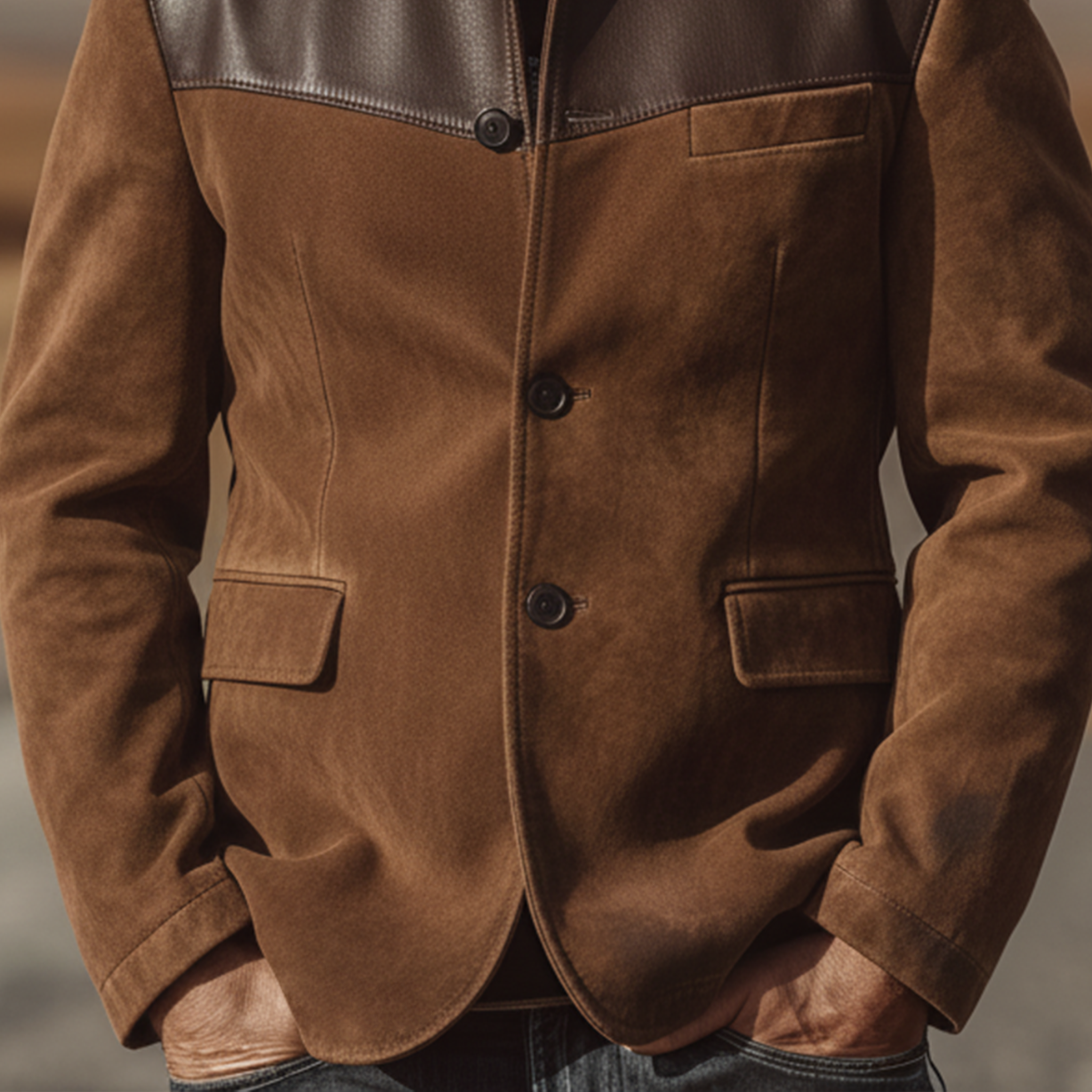 Men's Classic Vintage Western-style Stand-collar Faux Suede Single-breasted Jacket MTA0888L0K