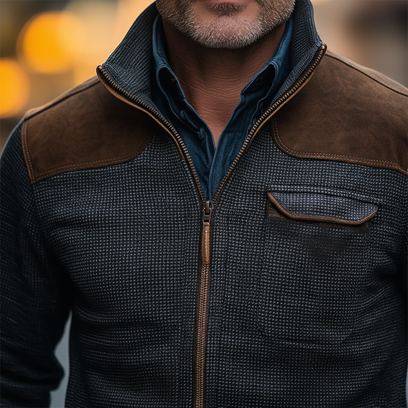 Men's Retro Small Check Faux Suede Patchwork Cloth Zipper Cardigan MTA2946J0P