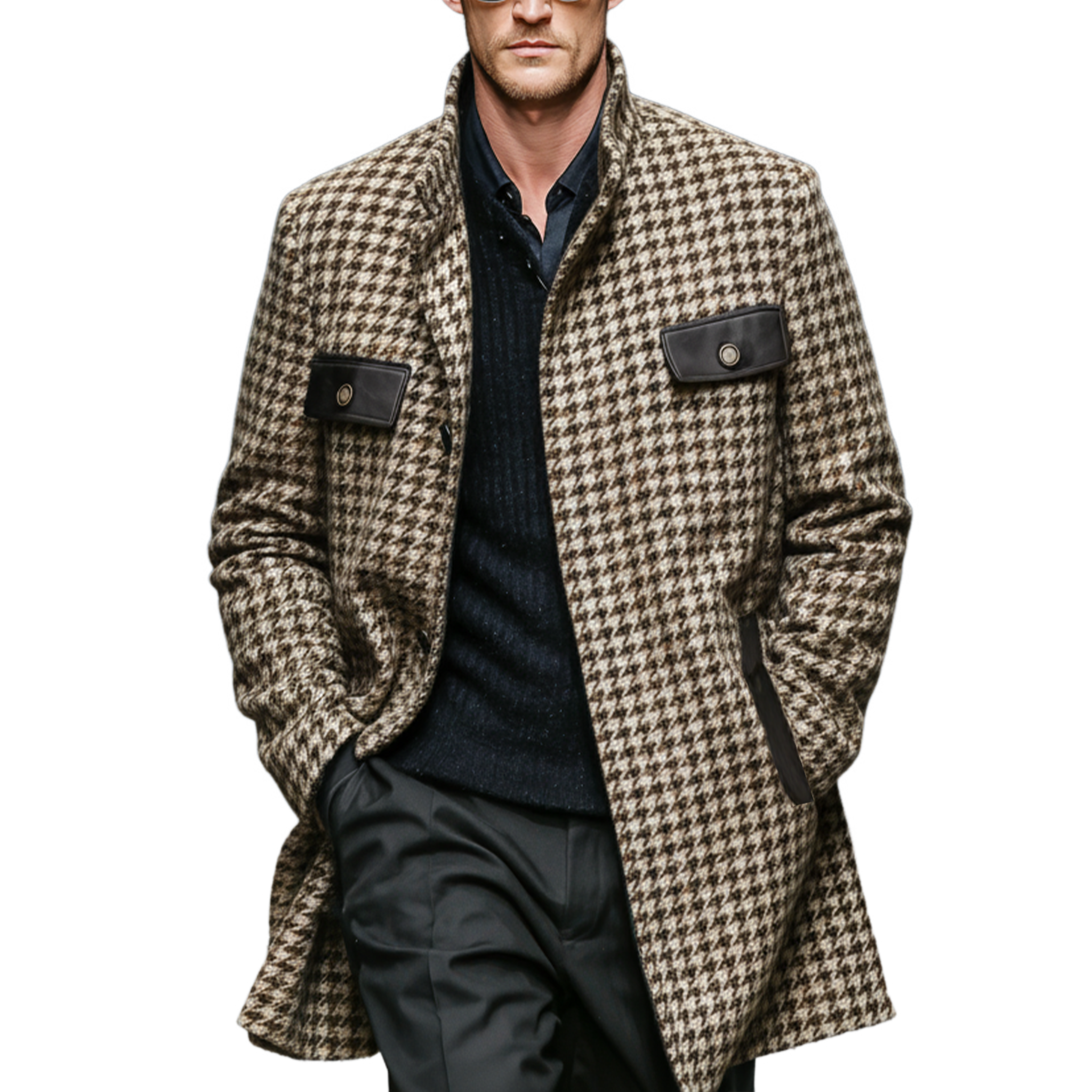 Men's Classic Retro Pocket Stitching PU Leather Stand Collar Faux Houndstooth Wool Coat MTA1199J8K