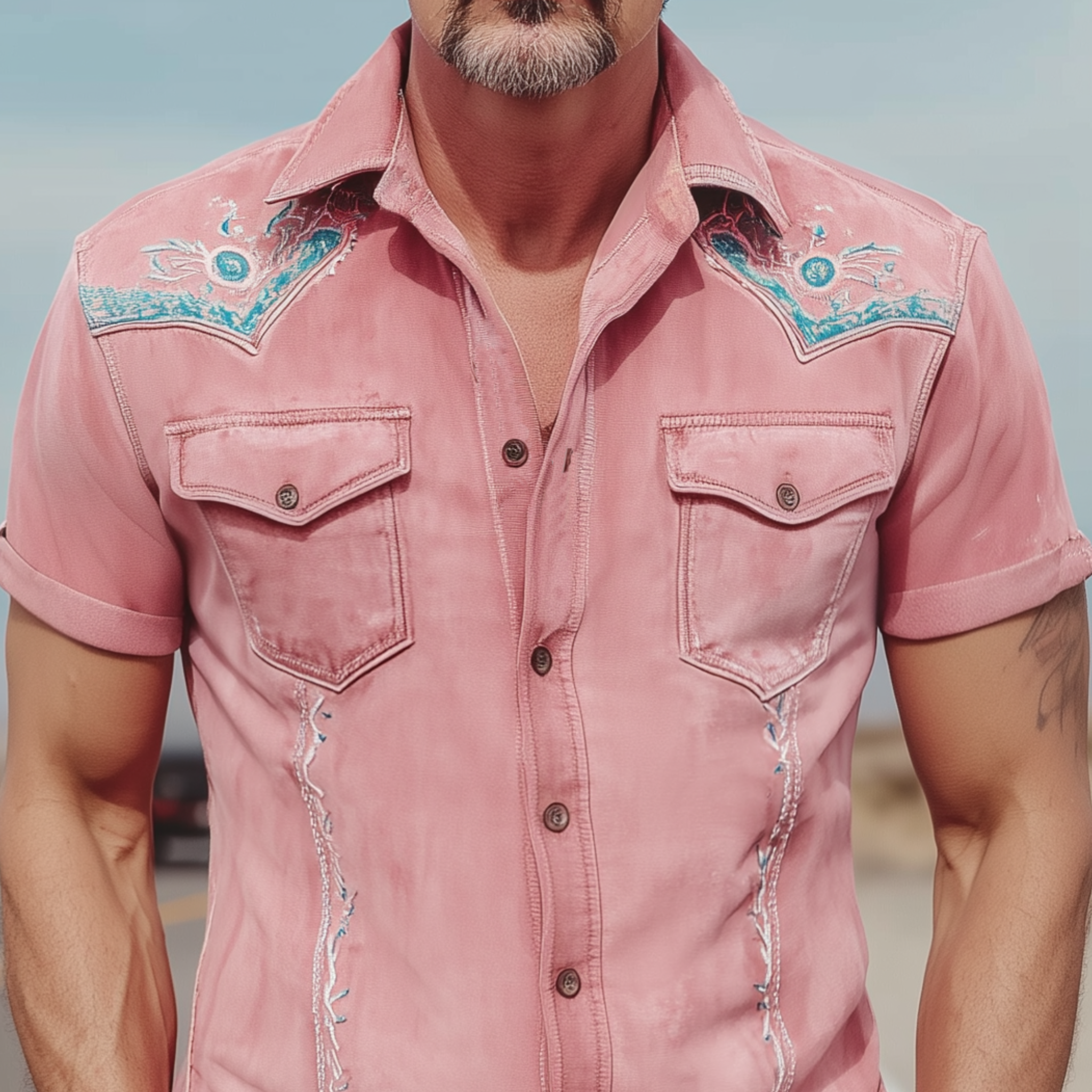 Men's Spring And Summer Fashion Casual Thin Suede Embroidered Slim Short Sleeve Shirt MTA1738G7K