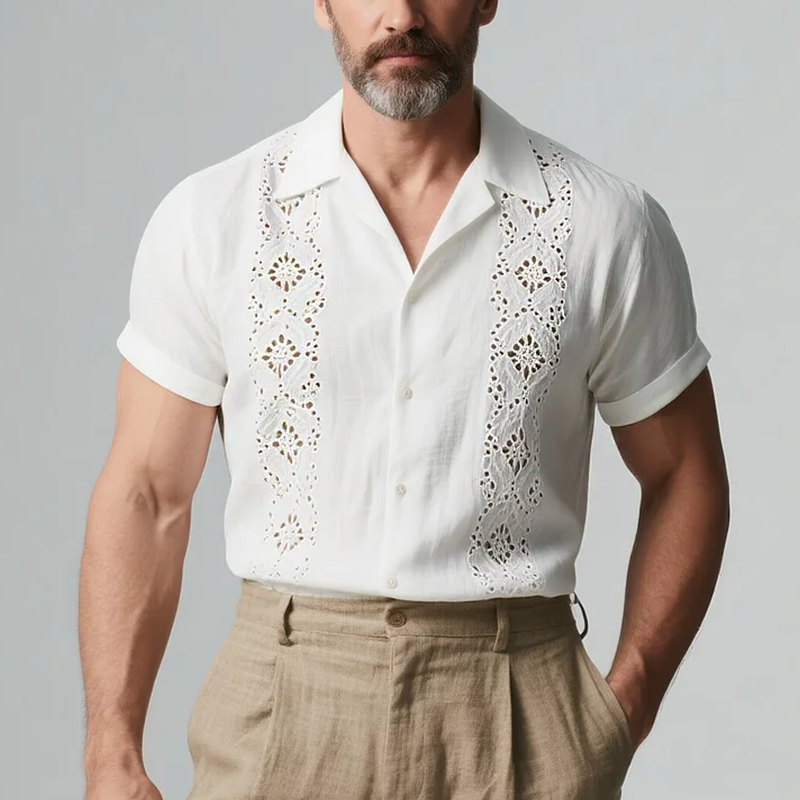 Men's Casual Hollow Decoration Cuban Collar Short Sleeve Shirt MTA0991F7Y