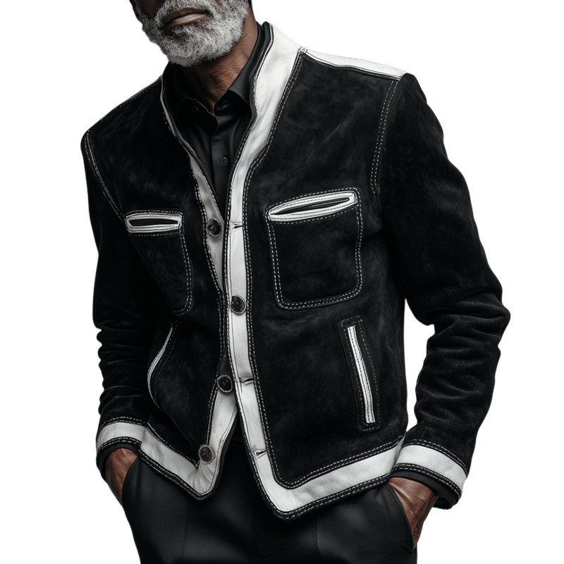 Men's Colorblock Faux Suede Stand Collar Multi-pocket Bike Jacket MTA0222H5Z