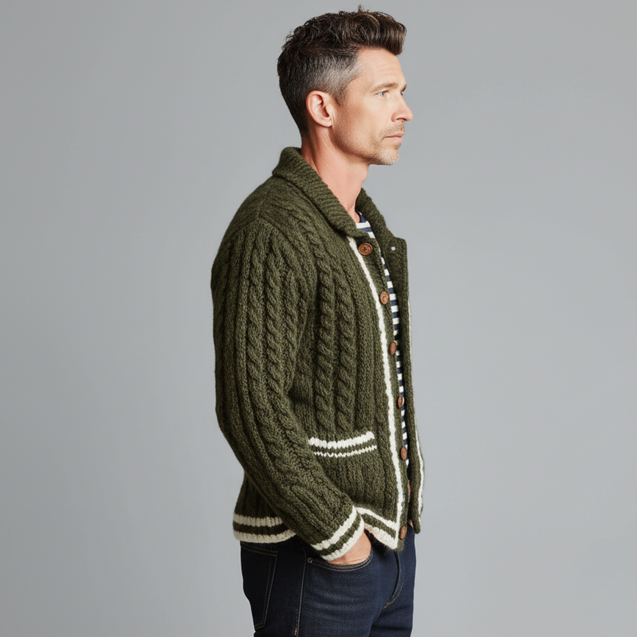 Men's Casual Fashionable Lapel White And Green Contrast Knitted Cardigan MTA1714J9K