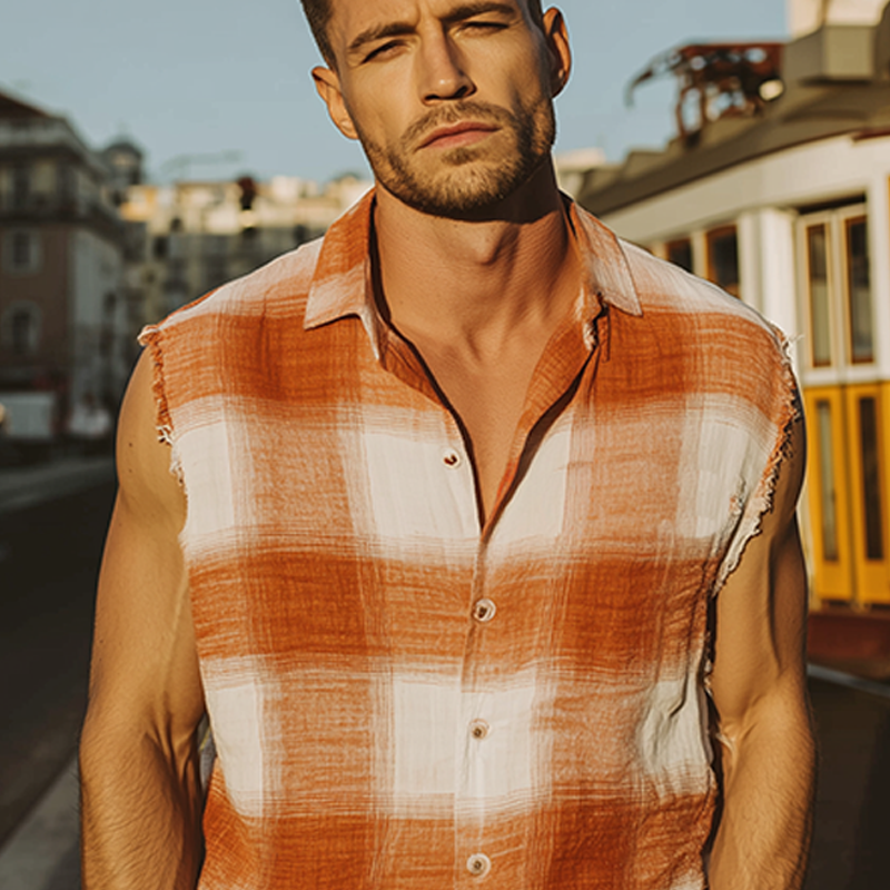 Men's Spring And Summer Fashion Casual Contrast Plaid Cotton Blended Sleeveless Shirt MTA1916F0K