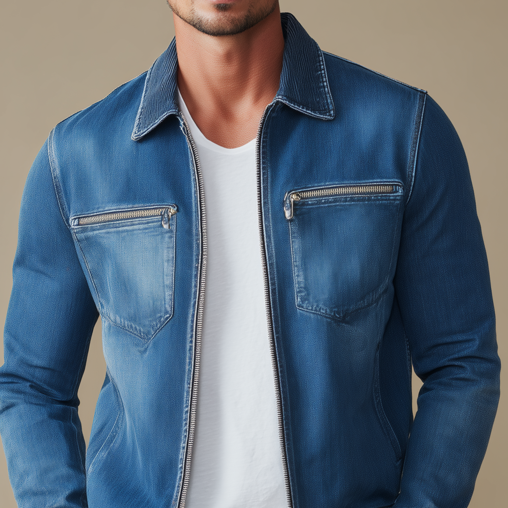 Men's Classic Casual Corduroy Collar Zipper Washed Denim Slim Fit Jacket MTA0772H5K