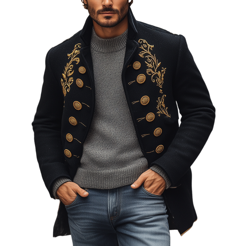 Men's Blended Stand Collar Gold Embroidery Double-breasted Jacket MTA2301I6X