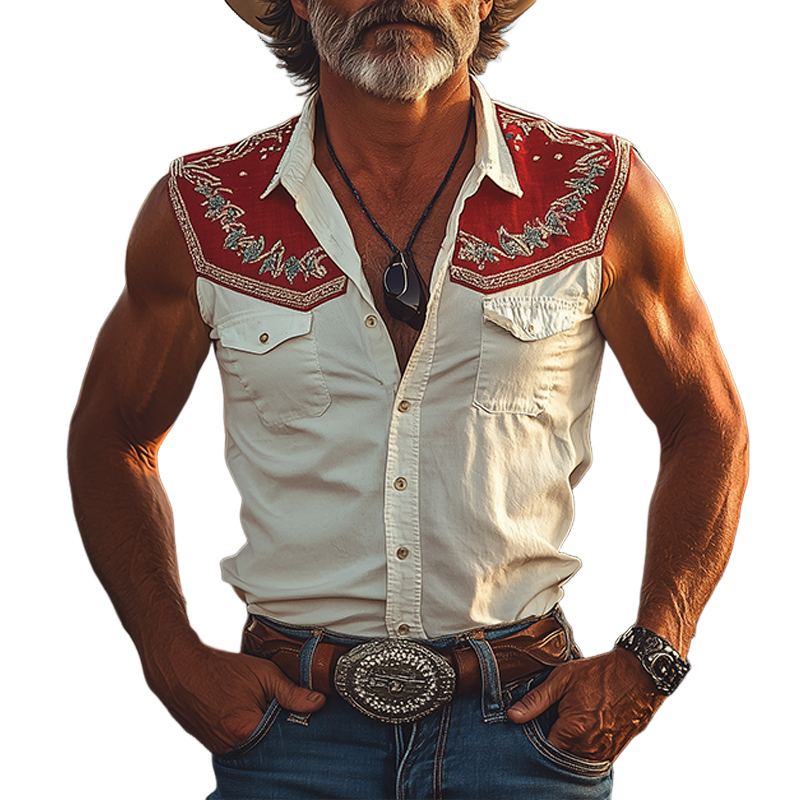 Men's Spring And Summer New Fashion Retro Western Cowboy Style Cotton Blend Stitching Cotton And Linen Embroidery Slim Sleeveless Shirt MTA0912E7K