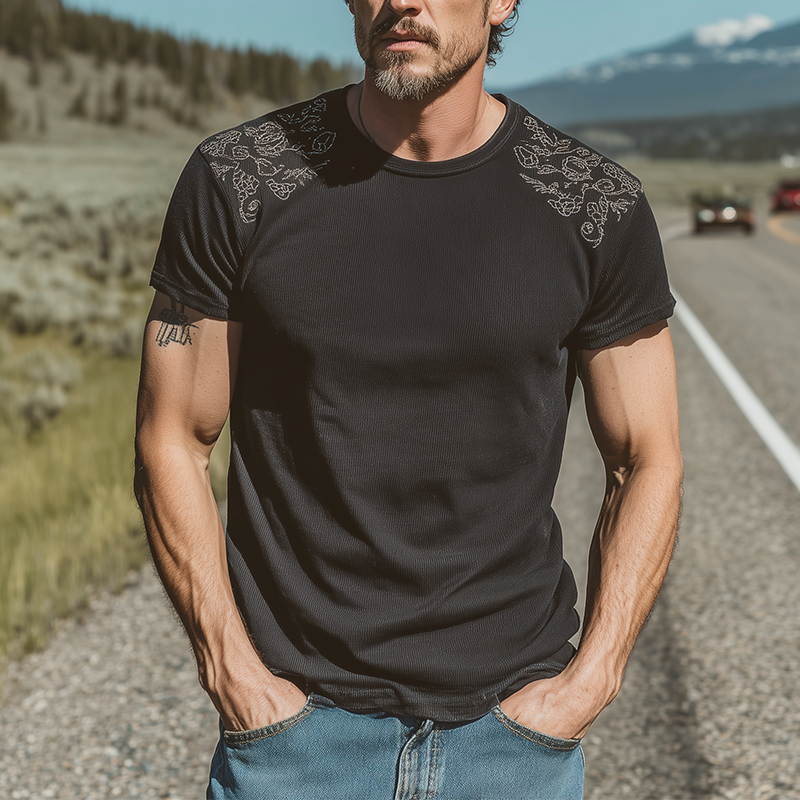 Men's Spring And Summer Fashion Casual Shoulder Embroidery Cotton Blended Ribbed Texture Slim Round Neck Short-sleeved T-shirt MTA1103G8K