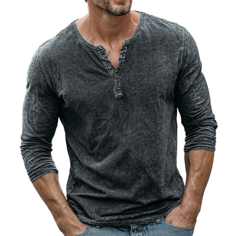 Men's Washed Cotton Henley Collar Long Sleeve T-shirt MTA1217H2Z