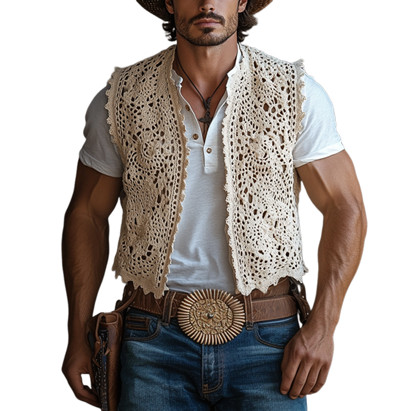 Men's Western Style Solid Color Crochet Buttonless Vest MTA1343F8Y