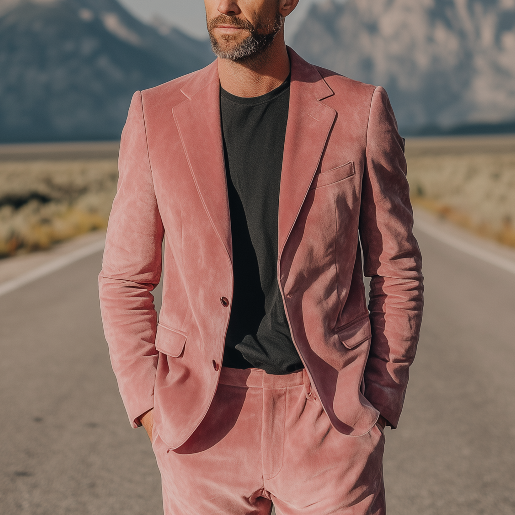 Men's Classic Retro Western Cowboy Style Pink Suede Single-breasted Slim-fit Blazer MTA0625H9K