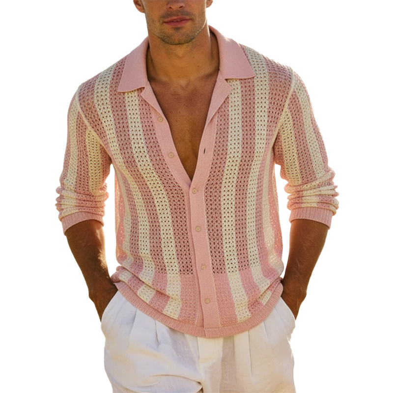 Men's Spring/Summer Fashion Cotton Yarn Knit Hollow-Out Long-Sleeved Shirt MTZ0998B9P