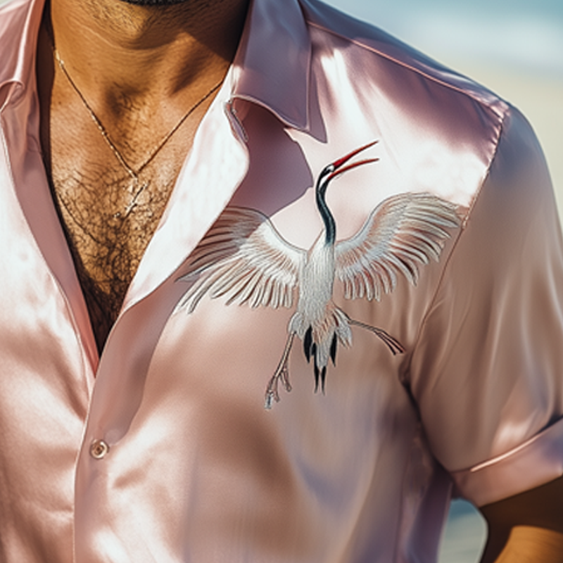 Men's Summer Luxury Satin Embroidered Short Sleeve Shirt MTA1016F5U